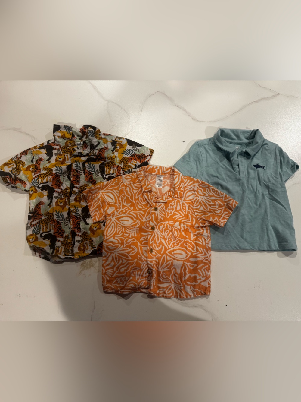 Three Toddler Shirts - Orange Print, Jungle Print, Light Blue
